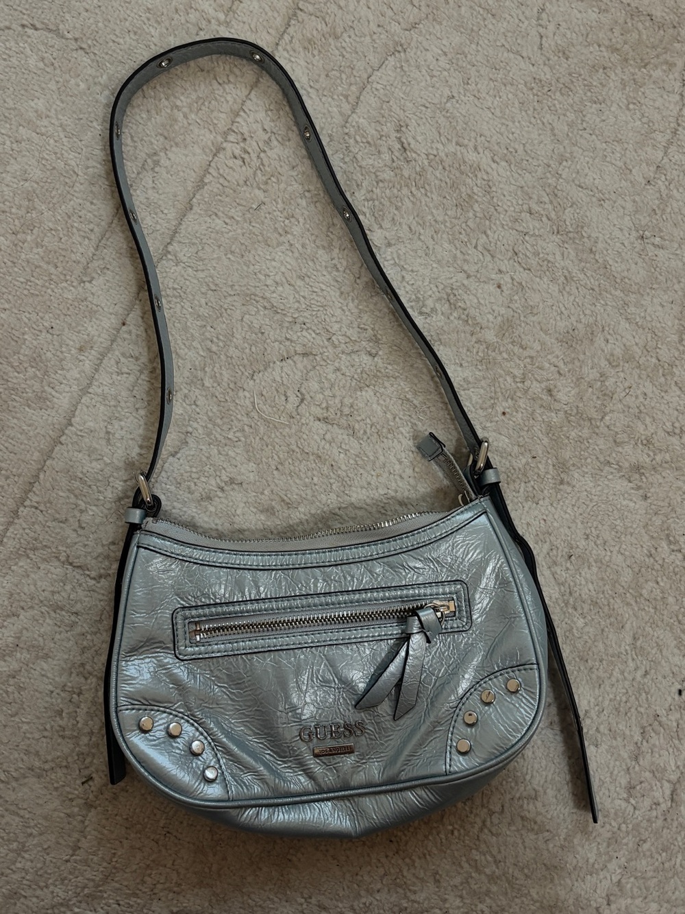 GUESS Metallic Light Silver Shoulder Bag with Stud Accents